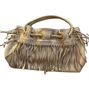 Fringed Cream and Gold Italian Genuine Leather Handbag